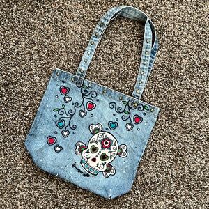 Vintage Y2K Soundgirl Embroidered Sugar Skull 100% Cotton Denim Stud Purse Bag